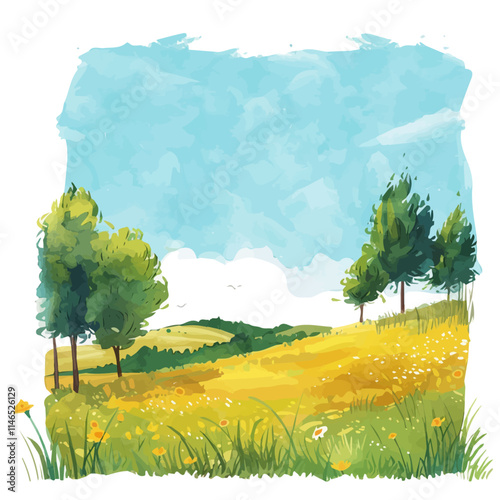 A watercolor drawing of a sunny meadow with a clear blue sky, isolated on a white background. Sunny meadow vector.
