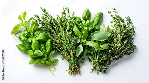 Fresh herbs display kitchen table photography bright lighting close-up culinary inspiration photo