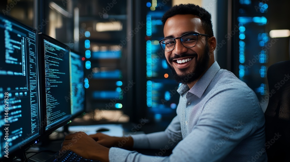 Smiling  IT Professional Working with Computer Code