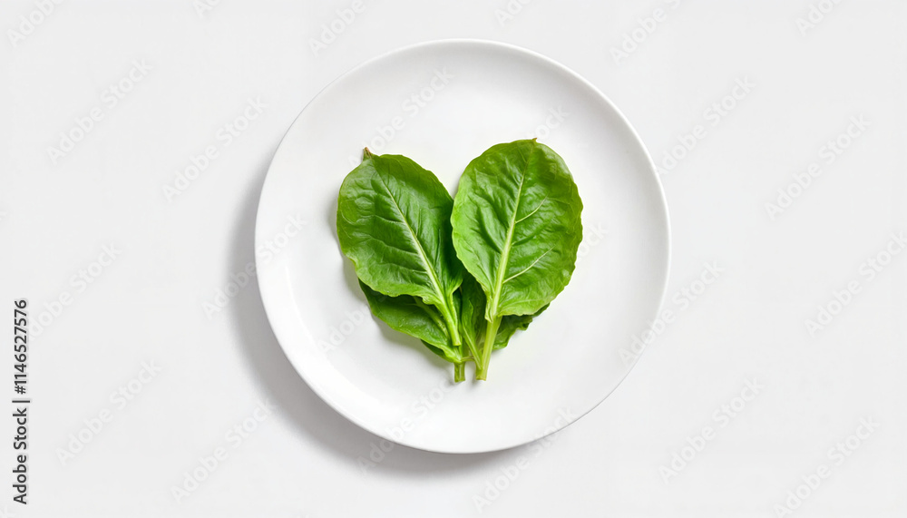 Fresh green lettuce leaves arranged in heart shape on white plate, healthy eating, Valentine's Day, Heart Health Month Fresh green lettuce leaves arranged in heart shape on white plate, healthy eating, Valentine's Day, Heart Health Month