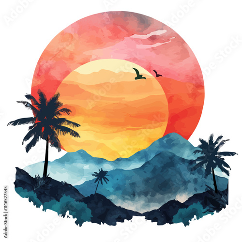 A watercolor drawing of a sunset over a tropical mountain range, isolated on a white background. Tropical mountain range vector.
