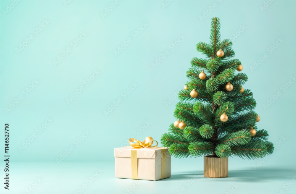 A small Christmas tree adorned with golden ornaments stands beside a neatly wrapped gift with a yellow bow. The pastel blue background adds a festive touch. A small Christmas tree adorned with golden ornaments stands beside a neatly wrapped gift with a yellow bow. The pastel blue background adds a festive touch.