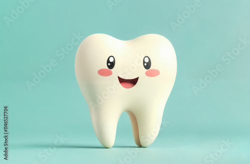 A playful tooth character with a smile and rosy cheeks stands upright. Its friendly design and soft colors create a cheerful atmosphere, perfect for promoting dental health. photo