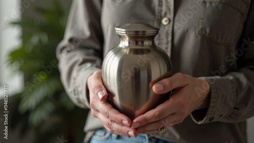 Woman holding a metal urn in a peaceful indoor setting