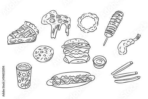 Collection of doodle illustrations of various American fast foods including pizza, burger, hot dog, fries, soda, and more. Vector hand drawn drawing isolated on white background for coloring pages
