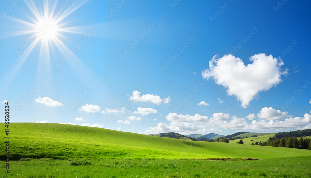 Sunny landscape with love-shaped cloud, bright mood, green meadow under blue sky, Valentine's Day, Heart Health Month