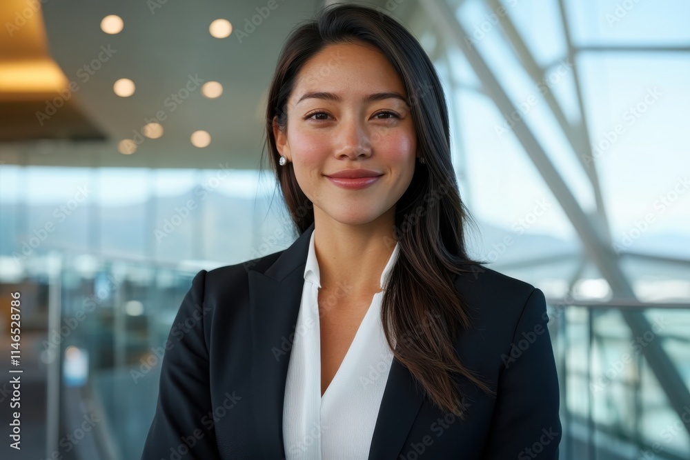 A confident young woman poses in an executive office space, conveying grace and authority within a professional environment filled with natural light and modern design. A confident young woman poses in an executive office space, conveying grace and authority within a professional environment filled with natural light and modern design.