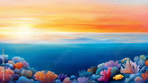 A panoramic shot of a coral reef with vibrant marine life visible below the water , imagine oil painting, impressionist style, landscape, golden hour