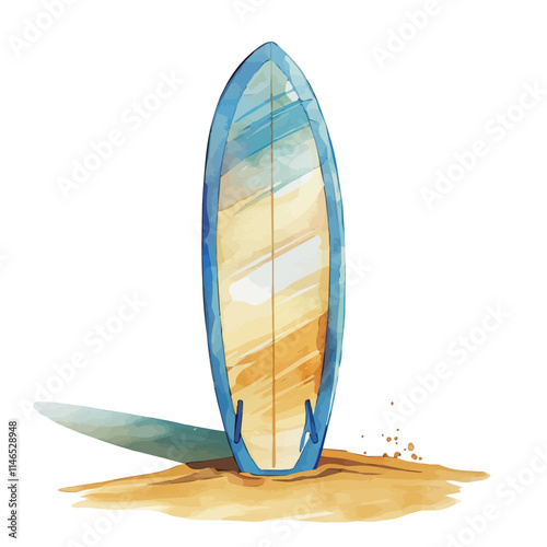 A watercolor vector of a surfboard standing in the sand, isolated on a white background. Surfboard sand vector.
