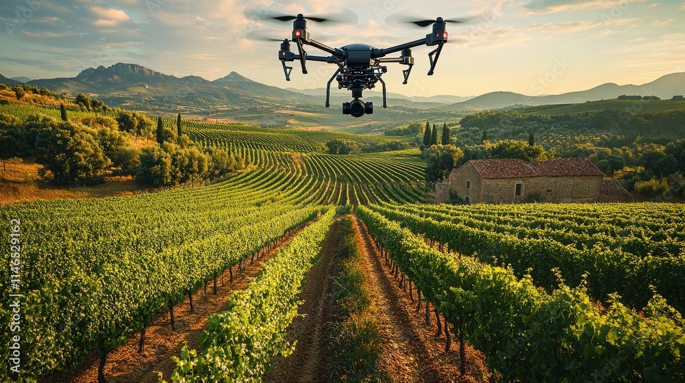 3D Illustration of a Drone Hovering Above a Green Vineyard