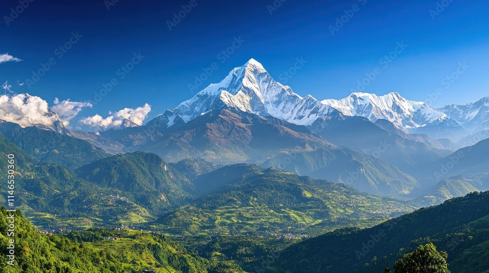Fototapeta premium Majestic mountain landscape with snow-capped peaks and lush valleys under a clear blue sky.