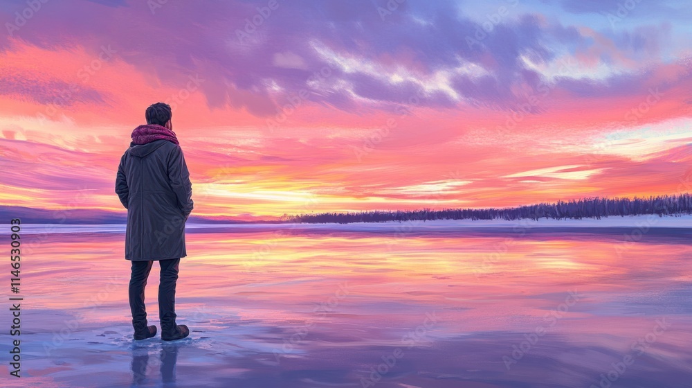 A male student standing on a frozen lake, bundled in a coat and scarf, gazing at the pastel hues of the winter sky at sunset A male student standing on a frozen lake, bundled in a coat and scarf, gazing at the pastel hues of the winter sky at sunset