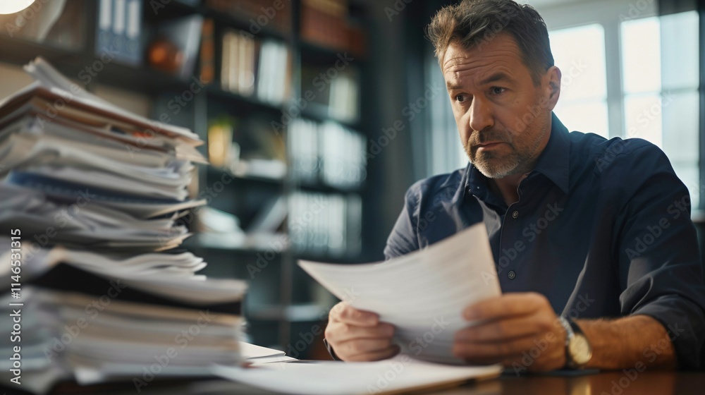 Businessman sitting at desk surrounded by stacks of papers, looking concerned while reading document about business regulations, professional workplace tension and focus. Businessman sitting at desk surrounded by stacks of papers, looking concerned while reading document about business regulations, professional workplace tension and focus.