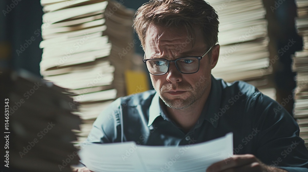Businessman sitting at desk surrounded by stacks of papers, looking concerned while reading document about business regulations, professional workplace tension and focus. Businessman sitting at desk surrounded by stacks of papers, looking concerned while reading document about business regulations, professional workplace tension and focus.