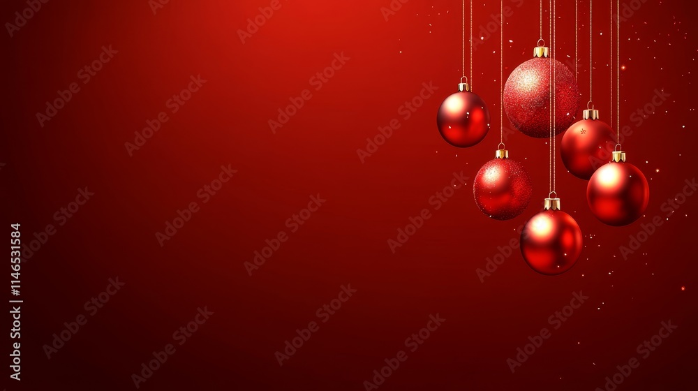 Elegant Red Christmas Ornaments Hanging Against a Festive Background for Holiday Celebrations and New Year Events Elegant Red Christmas Ornaments Hanging Against a Festive Background for Holiday Celebrations and New Year Events