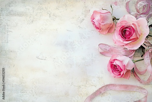 Elegant pink roses with ribbons on textured backdrop photo