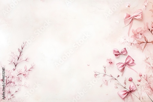 Soft pink floral background with delicate bows photo