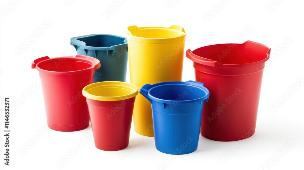 A collection of colorful waste bins, including red, yellow, and blue, each labeled for proper recycling, isolated on white A collection of colorful waste bins, including red, yellow, and blue, each labeled for proper recycling, isolated on white