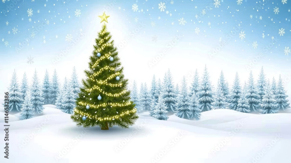 Serene Christmas Background with a Decorated Tree Under a Winter Sky with Snowflakes and Pine Trees Serene Christmas Background with a Decorated Tree Under a Winter Sky with Snowflakes and Pine Trees