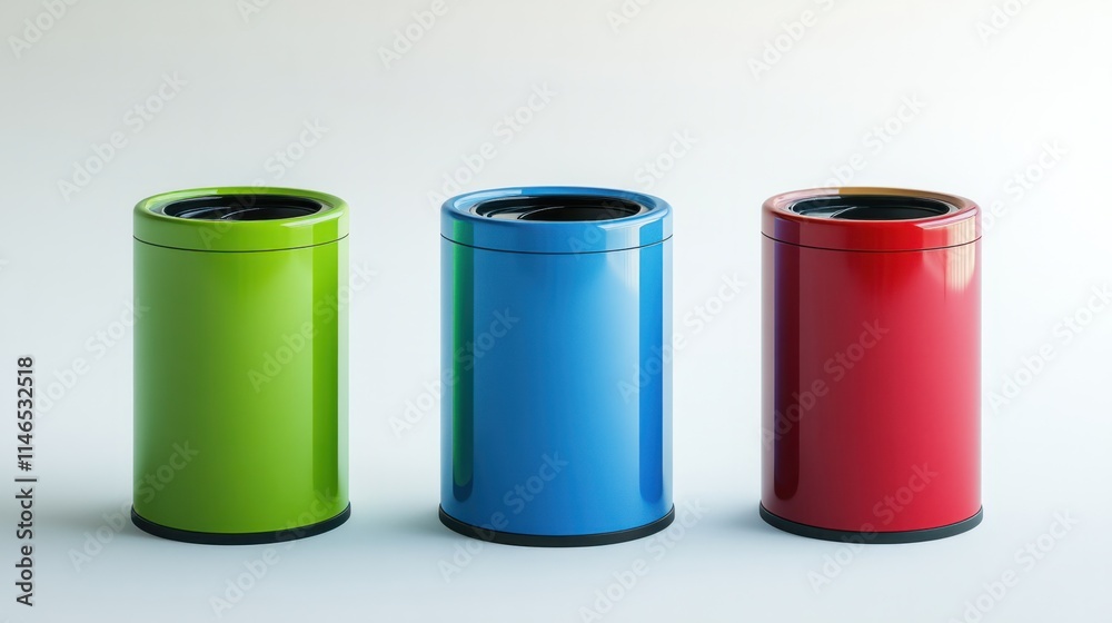 A collection of modern garbage bins in green, blue, and red, designed for waste separation, isolated on a white background A collection of modern garbage bins in green, blue, and red, designed for waste separation, isolated on a white background