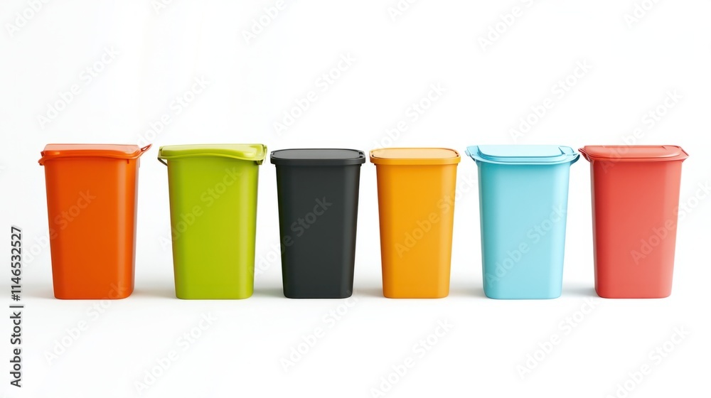 A collection of modern garbage bins in sleek, minimalist designs and bold colors, promoting eco-friendly practices, isolated on white A collection of modern garbage bins in sleek, minimalist designs and bold colors, promoting eco-friendly practices, isolated on white