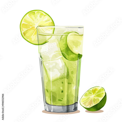 A watercolor drawing of a tropical drink with a slice of lime, isolated on a white background. Tropical drink lime vector.
