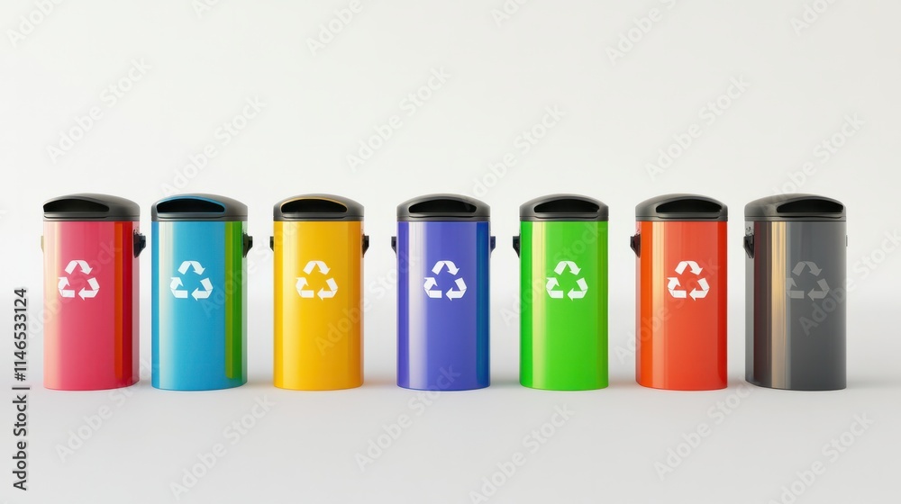 A colorful array of garbage bins with swinging lids and bold recycling icons, ideal for public spaces, isolated on white A colorful array of garbage bins with swinging lids and bold recycling icons, ideal for public spaces, isolated on white