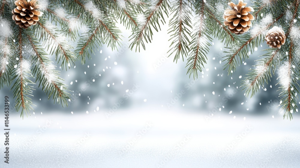 Serene Christmas Background Illustration Featuring Snow-Covered Pine Branches and Pine Cones in Winter Wonderland Serene Christmas Background Illustration Featuring Snow-Covered Pine Branches and Pine Cones in Winter Wonderland