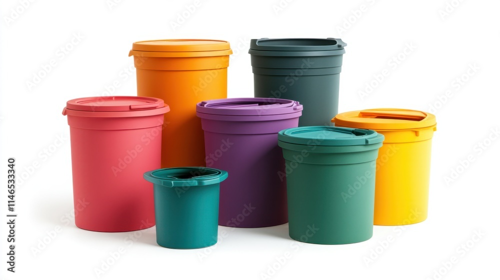 A colorful set of waste bins with matching lids and labels for recycling paper, plastic, and glass, neatly arranged on white A colorful set of waste bins with matching lids and labels for recycling paper, plastic, and glass, neatly arranged on white