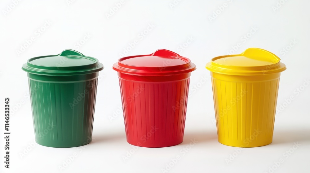 A colorful set of trash bins with lids in red, yellow, and green, each labeled for specific waste types, isolated on white A colorful set of trash bins with lids in red, yellow, and green, each labeled for specific waste types, isolated on white
