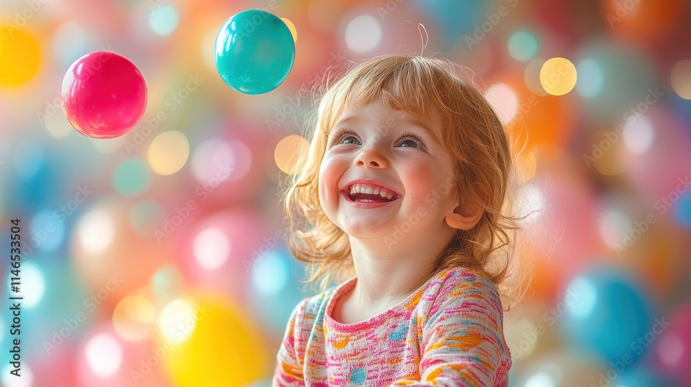 A joyful child playing with colorful balls in a festive atmosphere filled with balloons. A joyful child playing with colorful balls in a festive atmosphere filled with balloons.