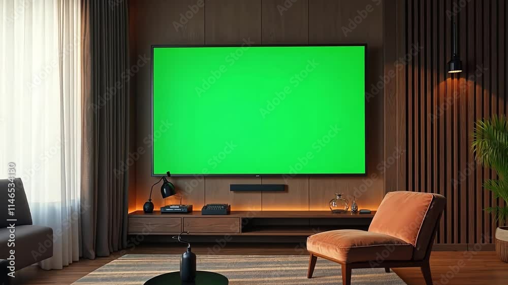 Modern Living Room with Green Screen Display Modern Living Room with Green Screen Display