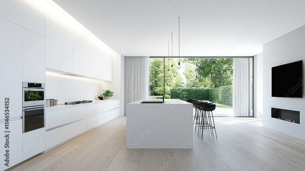 Fototapeta premium Modern minimalist white kitchen interior featuring a central island, bar stools, and large glass doors opening to a garden.