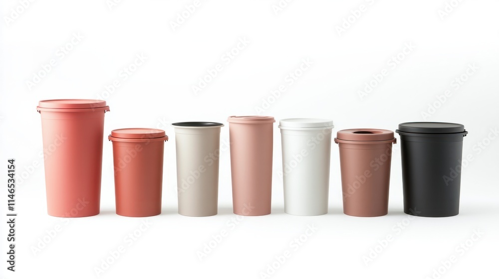 A lineup of garbage bins in different sizes and colors, ideal for sorting plastic, paper, and organic waste, isolated on white A lineup of garbage bins in different sizes and colors, ideal for sorting plastic, paper, and organic waste, isolated on white