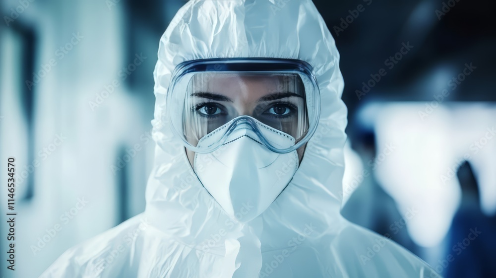 Close Up of Female Scientist Wearing Hazmat Suit and Mask