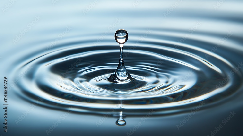 Isolated clear water droplet forming smooth circular ripples on a calm reflective surface Isolated clear water droplet forming smooth circular ripples on a calm reflective surface