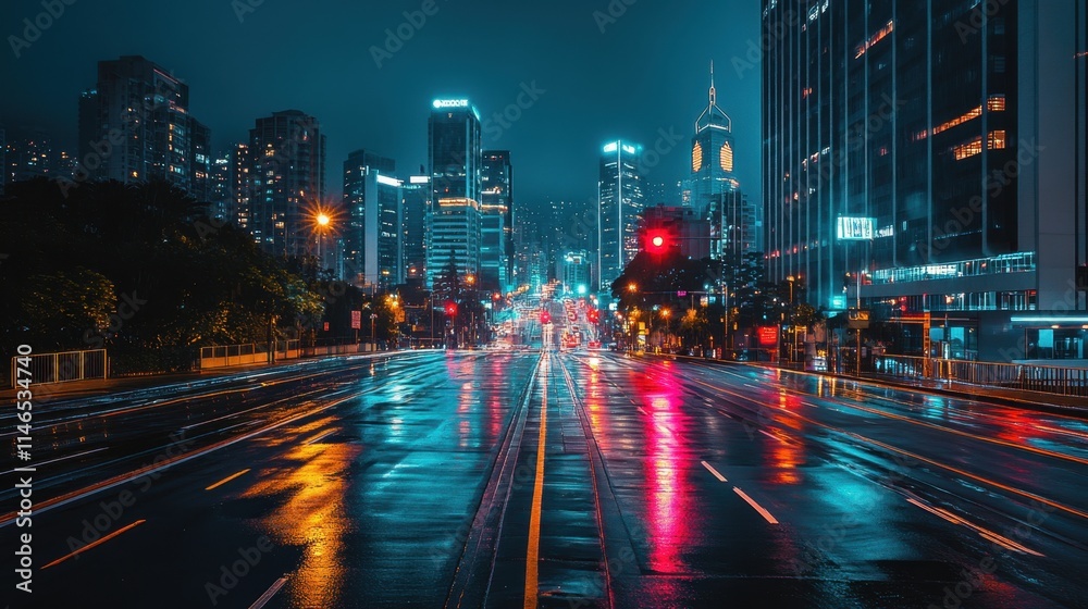 City skyline street at night when it rains City skyline street at night when it rains