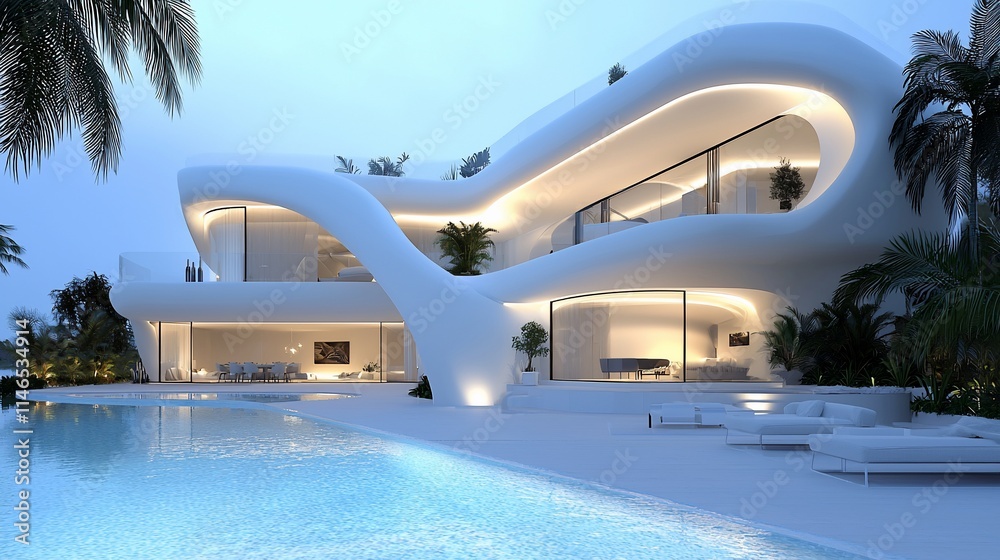 Modern, white, curved villa with infinity pool at dusk. Modern, white, curved villa with infinity pool at dusk.