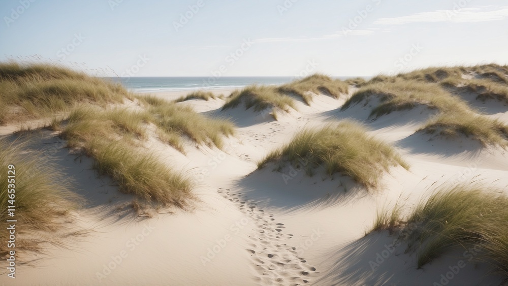 Beautiful sandy dunes with footsteps leading to the ocean under a bright sky Beautiful sandy dunes with footsteps leading to the ocean under a bright sky