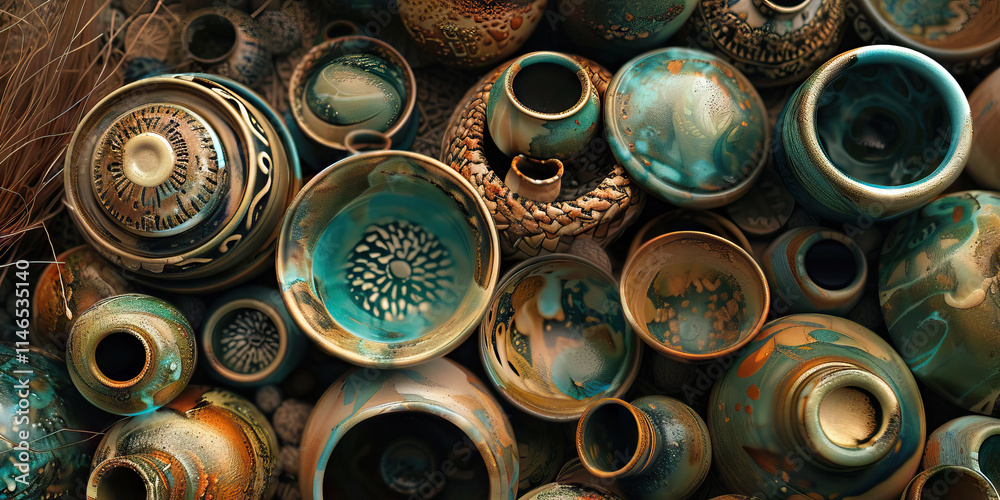 Collection of Teal, Gold, and Brown Ceramic Vessels Collection of Teal, Gold, and Brown Ceramic Vessels