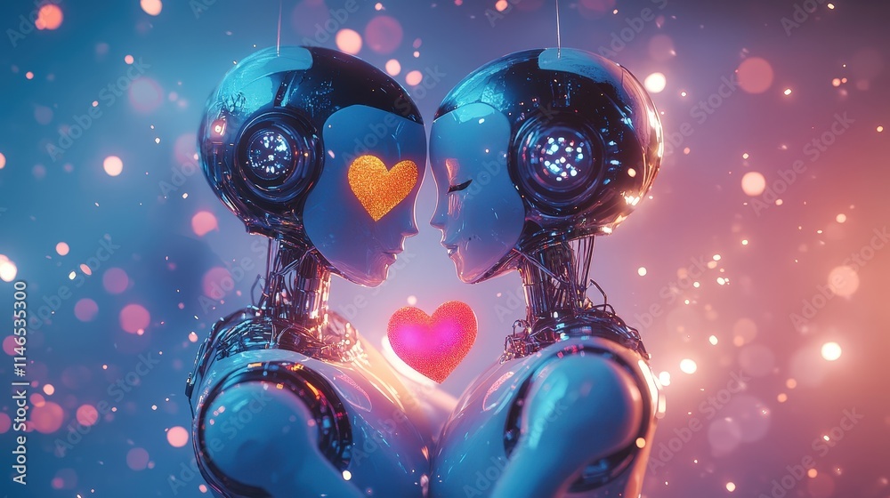 Fototapeta premium Humanoid robots in romantic scene with hearts and gradient background