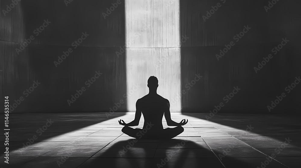 Black and white photograph of person praying in meditative pose, expressing tranquility and reflection. silhouette captures serene moment of spiritual connection. Shadowed. Illustration Black and white photograph of person praying in meditative pose, expressing tranquility and reflection. silhouette captures serene moment of spiritual connection. Shadowed. Illustration