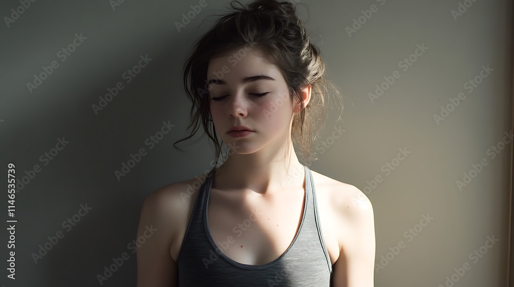 A Young Woman with Her Eyes Closed, Dressed in a Gray Tank Top, Stands Against a Wall A Young Woman with Her Eyes Closed, Dressed in a Gray Tank Top, Stands Against a Wall