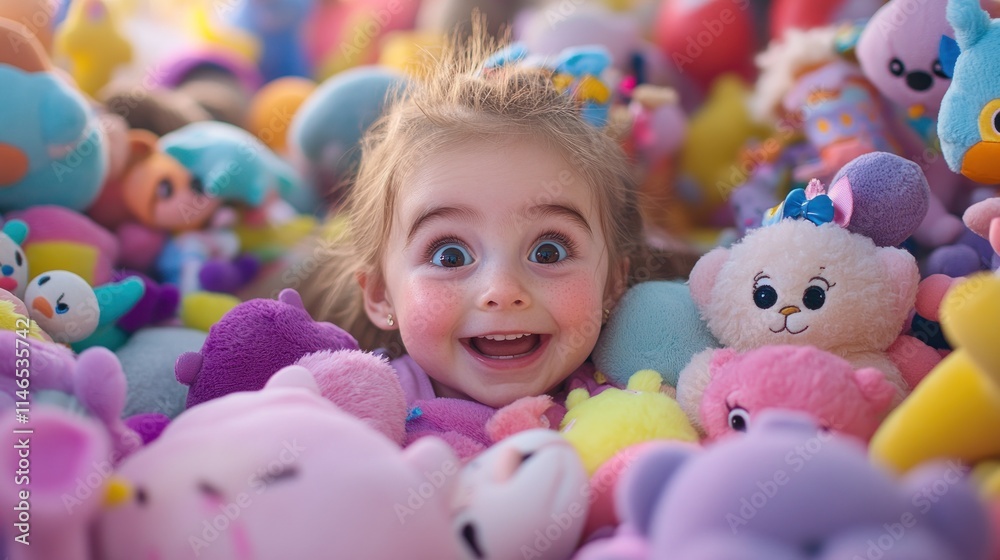 A joyful child surrounded by colorful plush toys, expressing happiness and playfulness. A joyful child surrounded by colorful plush toys, expressing happiness and playfulness.