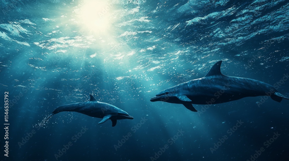 Fototapeta premium Dolphins Swim Gracefully in Crystal Clear Ocean Waters Illuminated by Sunlight During a Tranquil Underwater Moment