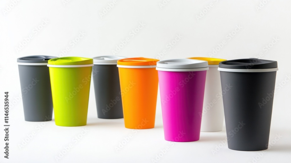 A set of stylish garbage bins with bright color-coded lids, promoting eco-friendly waste management, isolated on white A set of stylish garbage bins with bright color-coded lids, promoting eco-friendly waste management, isolated on white