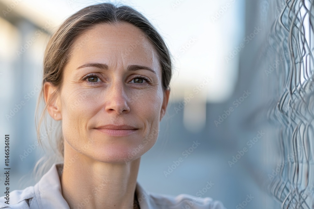 Smiling contentedly, a woman stands near a chain-link fence in an outdoor setting, projecting an aura of optimism and resilience amidst her environment. Smiling contentedly, a woman stands near a chain-link fence in an outdoor setting, projecting an aura of optimism and resilience amidst her environment.