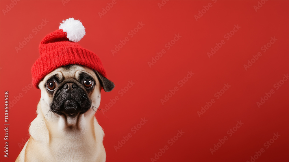With a fluffy red Christmas hat perched on its head, an excited pug dog looks delighted, its expression full of holiday cheer. The bold red background adds to the festive atmospher With a fluffy red Christmas hat perched on its head, an excited pug dog looks delighted, its expression full of holiday cheer. The bold red background adds to the festive atmospher