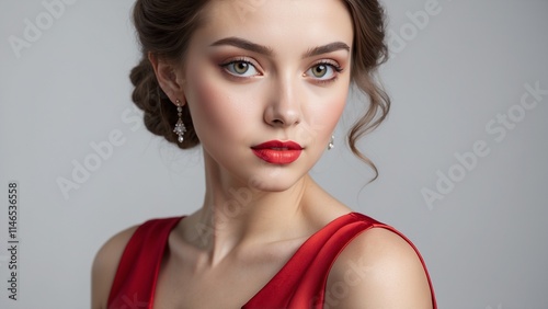 Imposing woman with a confident expression posing in a red dress on a gray background