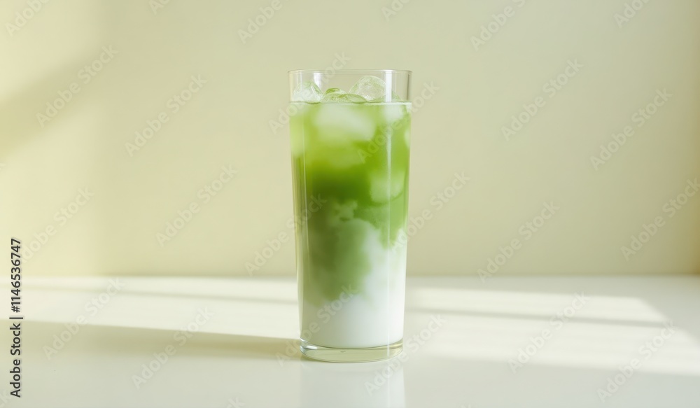 A tall glass of iced matcha latte with layers of green tea, milk, and ice cubes, set against a minimalistic pastel backdrop, with soft light creating intricate reflections on the glass surface A tall glass of iced matcha latte with layers of green tea, milk, and ice cubes, set against a minimalistic pastel backdrop, with soft light creating intricate reflections on the glass surface